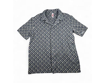 Fleece Factory Mens Grey Geometric Diamond Jacquard Camp Collar Shirt Small