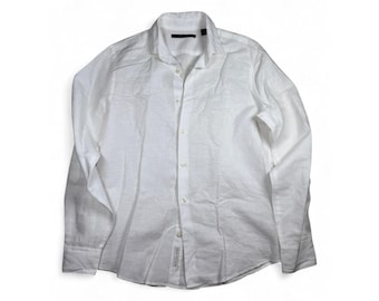 Perry Ellis Mens White Linen Long Sleeve Roll Tab Button Down Shirt Small