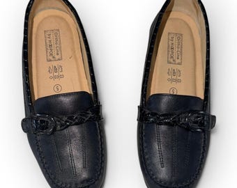 Ortho-Line by Hoopoe Womens Black Leather Croc Trim Buckle Loafers Size 5