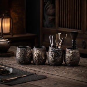 Gilded Iron-Glaze Ceramic Tea Utensil Set, Black Sandalwood Tools, Embossed Holder.
