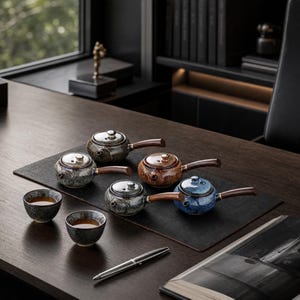以下が含まれることがあります： 木製のサイドハンドルと蓋が付いた4つの陶器製ティーポットのコレクション。中身の入った2つの小さな陶器製ティーカップが添えられています。ティーポットは、茶色、青、灰色の様々な斑点のある釉薬仕上げが施されています。