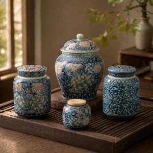 May include: A collection of four ceramic storage jars with lids, featuring intricate blue and white floral patterns with soft pink accents. The set includes one large lidded jar, two medium cylindrical jars, and one small jar with a wooden lid.
