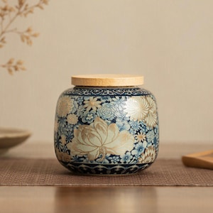 May include: A round ceramic jar featuring a detailed blue and white floral pattern with gold-toned accents and a flat, light-colored wooden lid. The surface is covered in various flower illustrations, including a prominent central lotus blossom.