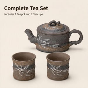 Rustic Unglazed Coarse Pottery Tea Set, Bamboo Relief Silver Painted Teapot & Teacups