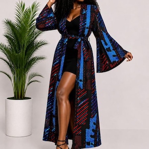 African Print Kimono Robe – Long Blue & Red Ankara Duster, Boho Statement Jacket, Elegant African Fashion.