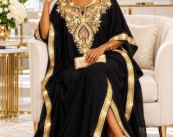 Luxury Black Gold Embroidered Boubou Kaftan, African Maxi Dress, Wedding Guest Dress, Eid Outfit, Elegant Gown, Full Length 58 Inches.