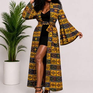 African Print Long Kimono Robe – Mustard Yellow Tribal Pattern Duster – Ankara Coat – Boho Statement Outerwear for Women.