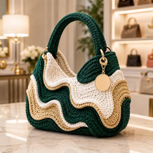Peut inclure: Un sac à main en crochet présentant un design ondulé et superposé en fil vert foncé, crème et beige. Le sac possède une anse arquée unique et une breloque métallique circulaire dorée attachée à un anneau latéral, avec un aspect texturé.