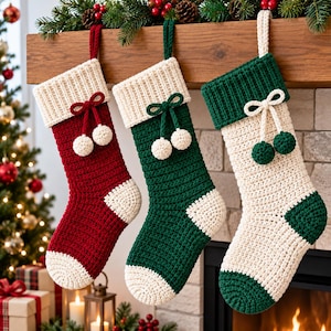 Pode incluir: Três meias de Natal de crochê penduradas em fila. A primeira é vermelha com punho, calcanhar e ponta brancos. A segunda é verde com punho, calcanhar e ponta brancos. A terceira é branca com punho, calcanhar e ponta verdes. Cada uma tem um laço e pompons.