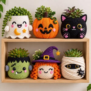 Puede incluir: Seis fundas de ganchillo para macetas con temática de Halloween: un fantasma blanco con una luna amarilla, una calabaza naranja, un gato negro, un monstruo verde con costuras, una bruja con sombrero morado y una momia blanca con una araña.