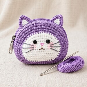 May include: A round, purple crocheted coin purse shaped like a cat face with white yarn detailing, black plastic eyes, a pink stitched nose, and gray yarn whiskers. A silver metal zipper pull is attached to the side, with a crochet hook and purple yarn.