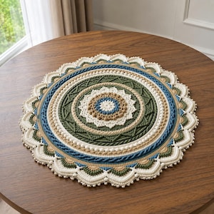 Può includere: Un centrino all'uncinetto circolare con anelli concentrici in crema, verde oliva, marrone chiaro e blu. Il design presenta complessi punti strutturati, inclusi noccioline e motivi in rilievo, con un bordo smerlato rifinito da piccole sfere color crema.