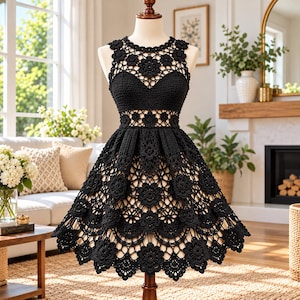 Puede incluir: Un vestido negro de ganchillo sin mangas que presenta un corpiño ajustado con escote corazón y una falda acampanada. La prenda está confeccionada con intrincados motivos florales y un patrón de celosía calado en todo el diseño.