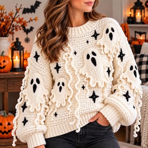 May include: A cream-colored long-sleeve sweater featuring a textured knit pattern with three-dimensional crocheted ghost appliqués and black embroidered star motifs. The garment has a ribbed crew neckline, ribbed cuffs, and a ribbed hemline.