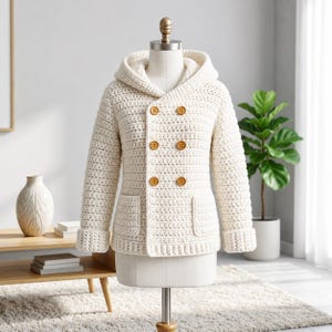 May include: A cream-colored, double-breasted crochet hooded jacket featuring long sleeves with folded cuffs, two front patch pockets, and six round brown buttons arranged in two vertical rows on the front panel, displayed on a mannequin.