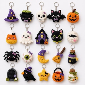 May include: A collection of twenty crocheted Halloween-themed keychains featuring various designs including a witch hat, cauldron, skull, bat, pumpkin, candy corn, ghost, haunted house, black cat, mummy, spider, eyeball, moon, broom, and potion bottles.