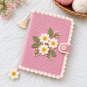 May include: A pink crochet notebook cover featuring a white scalloped border, a cream-colored tassel, and a floral applique of three white daisies with yellow centers and green leaves. A small wooden button secures the cover, and a daisy charm hangs.