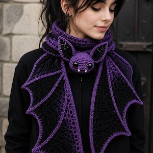 May include: A crochet scarf featuring a central purple bat head with large black eyes and white fangs. The scarf has black wings with purple trim extending from the bat head, and a purple crocheted neck wrap that secures around the neck area.