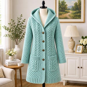 May include: A light teal hooded cardigan featuring a textured knit pattern on the sleeves and back, vertical cable knit panels on the front, two patch pockets, and five round brown buttons down the center front closure on a mannequin.