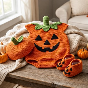May include: A crochet pumpkin outfit set consisting of a sleeveless orange romper with a black jack-o'-lantern face, a matching orange hat with a green stem and leaves, and a pair of orange booties featuring small black jack-o'-lantern faces.