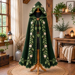 May include: A dark forest green hooded cloak featuring intricate crochet work. The garment is adorned with cascading vines of light green leaves and small white flowers. A wooden button secures the front, with dangling leaf accents.