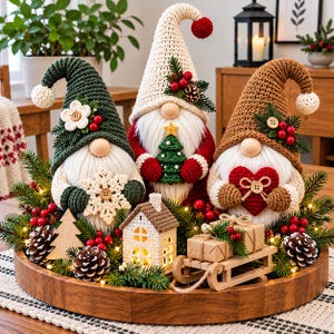 May include: Three crocheted gnomes on a wooden tray with pine branches, pinecones, a small house, and a sled. The left gnome wears green, the center white, and the right brown. They hold a snowflake, a tree, and a red heart respectively.