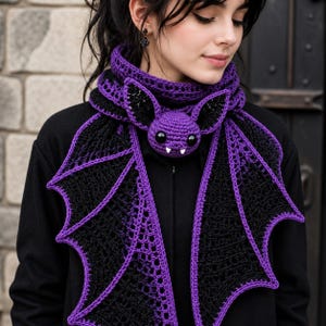 Patrón de bufanda tipo capucha con alas de murciélago a crochet (descarga en PDF)