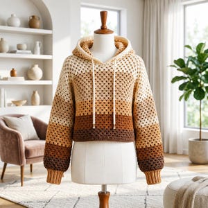 May include: A long-sleeve crochet hoodie featuring a granny square pattern in a gradient of earth tones, transitioning from cream at the top to light tan, medium brown, and dark brown at the hem and cuffs, with a matching cream drawstring.