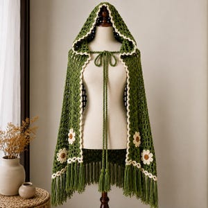 Woodland Daisy Crochet Hooded Cape Pattern, Boho Shawl, Festival Wrap (PDF Download)