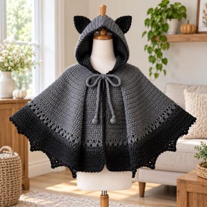May include: A gray and black crocheted hooded cape featuring pointed cat-like ears on the hood. The garment has a tie closure at the neck with two pom-pom ends and a decorative open-work stitch pattern along the lower edge of the flared hem.