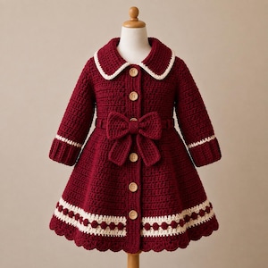 May include: A deep red crochet coat featuring a wide collar with cream trim, long sleeves with cream cuffs, and a central row of five light brown buttons. A large crochet bow is attached at the waist, and the hem has a cream decorative border.