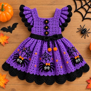 May include: A purple crochet dress featuring black ruffled sleeves, a black waistband with a bow, and three black flower-shaped buttons. The skirt is decorated with black spider web motifs, black spider appliqués with orange bows, and small orange stars.