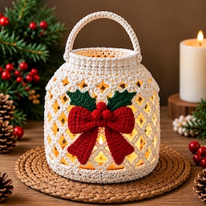 May include: A cream-colored crocheted lantern with a handle, featuring a decorative red bow and green holly leaves on the front. The open-weave pattern allows light to shine through from the center, creating a warm glow within the structure.