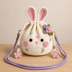 Può includere: Una borsa a sacchetto all'uncinetto color crema a forma di coniglio con orecchie lunghe, occhi a perla neri e guance ricamate rosa. La borsa presenta ricami floreali, un gruppo di fiori all'uncinetto sul lato e una tracolla color lavanda.