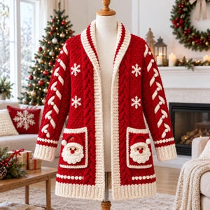 Op de afbeelding: Een rood vest met lange mouwen, voorzien van een witte sjaalkraag, boorden en zoom. Het kledingstuk heeft witte kabelbreipatronen, sneeuwvlokmotieven en twee voorzakken, elk versierd met een gehaakte applicatie van een kerstmangezicht.