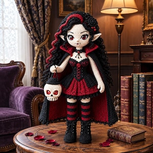 May include: A handcrafted crochet doll featuring long black hair with red streaks, pointed ears, and red eyes. The doll wears a black and red dress with a high-collared cape, striped stockings, and black boots, while holding a small white skull basket.