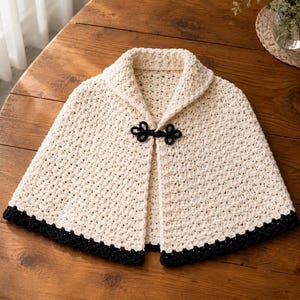 May include: A cream-colored crochet capelet featuring a wide collar and a black decorative frog closure at the neckline. The garment has a textured stitch pattern throughout and is finished with a solid black crochet border along the bottom hem.