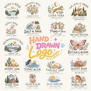 Op de afbeelding: Een verzameling van twintig handgetekende logo-ontwerpen met diverse illustraties zoals bergen, bloemen, dieren en kusttaferelen. De centrale tekst luidt HAND DRAWN LOGO IN 24 HOURS, omringd door kleine sterren en een pootafdruk.