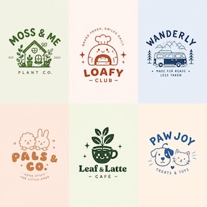 May include: A collection of six circular logos featuring various illustrations and text. Designs include a green plant house, a red bread oven, a blue camper van, brown animal characters, a green coffee cup with a plant, and blue pet faces.