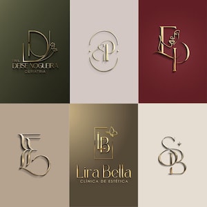 Peut inclure: Une collection de six logos métalliques dorés présentant une typographie élégante et des dessins au trait. Les designs incluent des initiales comme DN, RP, EP, E, LB et SB, avec des éléments décoratifs tels qu'un visage, un papillon et des étoiles.