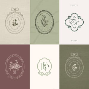 May include: A collection of six distinct logo designs featuring line art illustrations. The graphics include floral motifs, elegant frames, and stylised typography such as Collins Interior Design, Katharina Luise Photo, Sianotte, and The Cake Edit Studio.