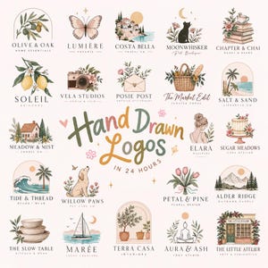 May include: A collection of twenty-five hand-drawn logo designs arranged in a grid, featuring illustrations of nature, animals, food, and architecture. The central text reads Hand Drawn Logos IN 24 HOURS, surrounded by various small floral and heart icons.
