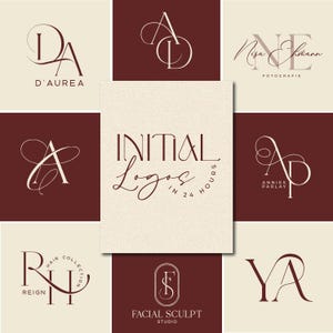 May include: A collection of eight distinct logo designs featuring elegant serif typography and flowing script lettering in dark maroon on cream and maroon backgrounds. The central text reads INITIAL Logos IN 24 HOURS in a mix of serif and script fonts.