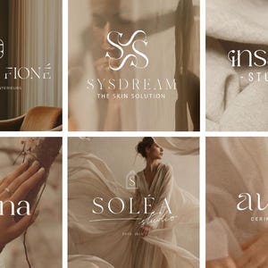 Könnte beinhalten: Eine Sammlung von sechs verschiedenen Logodesigns mit eleganter Typografie und minimalistischen Symbolen. Die Logos enthalten die Namen Studio Fioné, Sysdream, Insana Studio, Alina, Soléa Studio und Aura Cerimonial in neutralen Farbtönen.