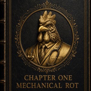 Peut inclure: Une couverture de livre noire avec un texte doré en relief indiquant DR.CHICKS, CHAPTER ONE MECHANICAL ROT, THE SEDENTARY TRAP. Un cadre circulaire doré central contient un relief d'un poulet portant un costume, une cravate et un stéthoscope.