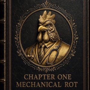 Op de afbeelding: Een zwart hardcover boek met gouden reliëftekst en een centraal rond embleem. De tekst luidt DR.CHICKS, CHAPTER ONE, MECHANICAL ROT en THE SEDENTARY TRAP. Het embleem toont een gouden reliëf van een kip in een pak met een stethoscoop.