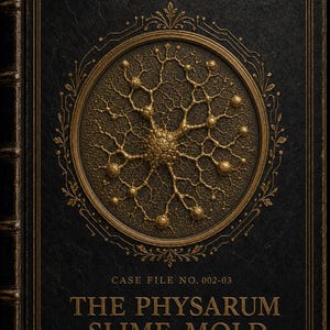 May include: A black hardcover book with gold embossed lettering and a central circular relief depicting a branching network. The text reads DR.CHICKS, CASE FILE NO. 002-03, THE PHYSARUM SLIME MOLD, and Physarum polycephalum in a serif font.
