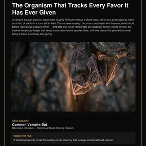 以下が含まれることがあります： DR.CHICKSによるCase File No. 002-12と題された黒い文書。The Organism That Tracks Every Favor It Has Ever Givenというテキストが記載されています。岩にぶら下がっている2匹の茶色の吸血コウモリの写真と、血液の共有に関するテキストが含まれています。