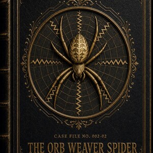 Peut inclure: Une couverture de livre noire avec des détails dorés en relief représentant un graphique d'araignée central dans une toile circulaire. Le texte indique DR.CHICKS, CASE FILE NO. 002-02, THE ORB WEAVER SPIDER et Argiope spp. Ornements dorés.