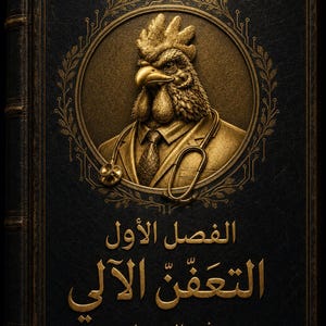 Peut inclure: Un livre à couverture rigide noire avec un emblème circulaire doré en relief représentant un coq vêtu d'un costume et d'un stéthoscope. Le texte DR.CHICKS figure en haut, avec l'inscription arabe الفصل الأول التعفن الآلي فخ الخمول.